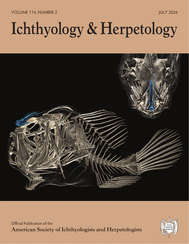 Cover of Ichthyology & Herpetology, Volume 114, Number 2, featuring a CT-derived anglerfish skeletal visualization