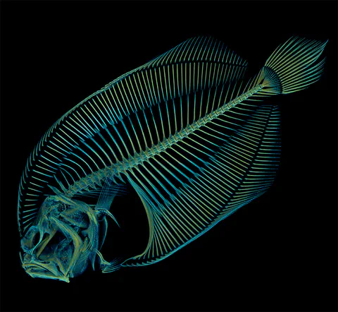 Blue-lit flatfish skeleton photographed against a black background