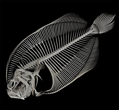 Flatfish skeleton photographed against a black background