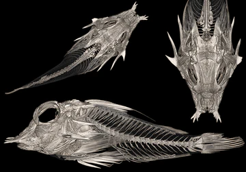Fish skeleton shown from several anatomical views