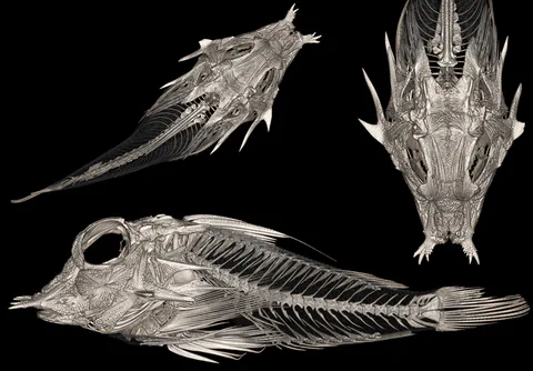 Fish skeleton shown from several anatomical views