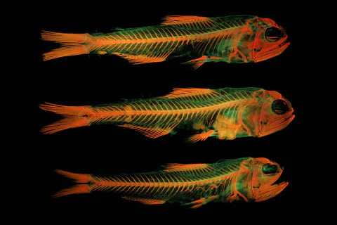Three fluorescent fish specimens photographed against a black background