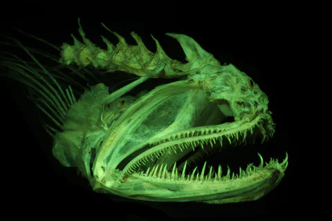 Fluorescent fish skeleton photographed against a black background
