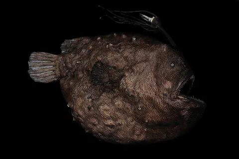 Pacific footballfish specimen photographed against a black background