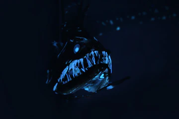 Bioluminescent fish photographed in dark water